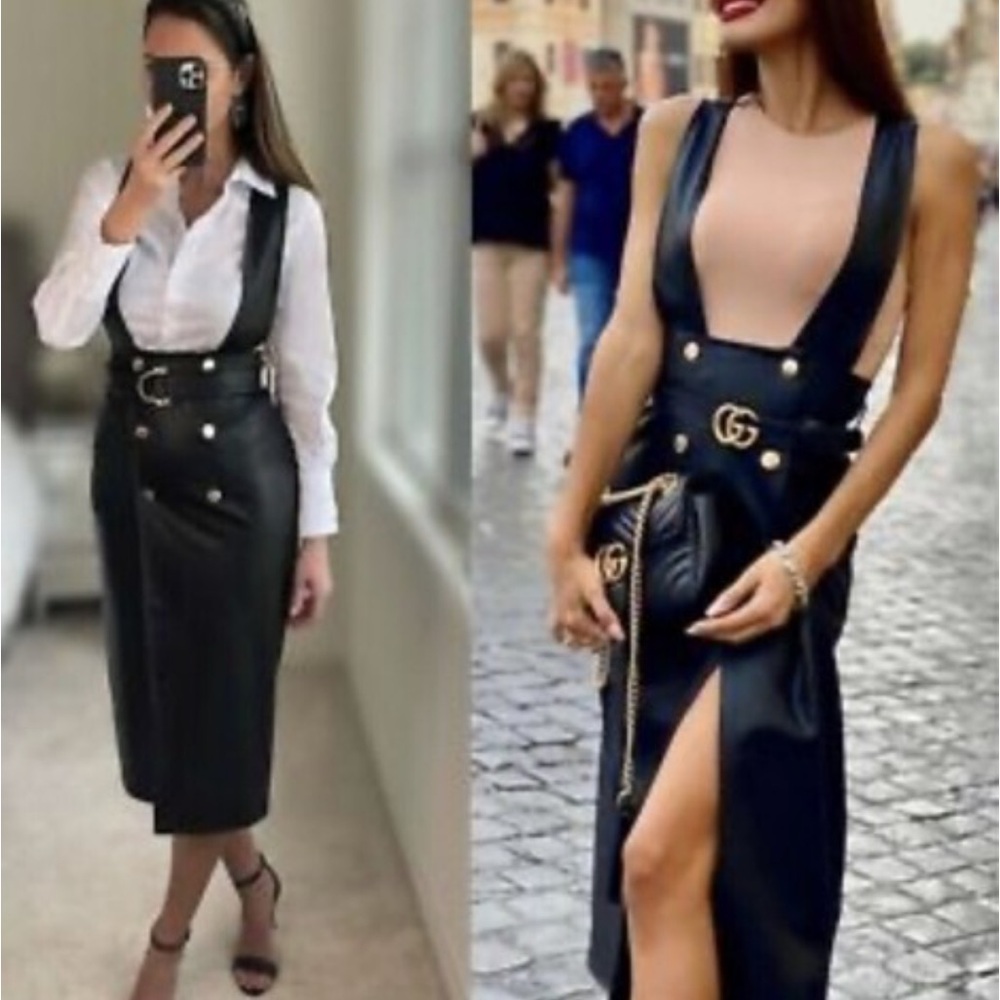 Zara Faux Leather Black Pinafore Skirt with Gold Hardware